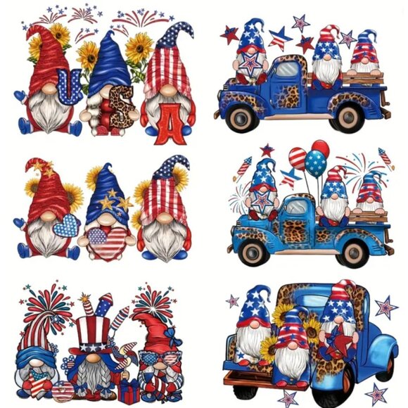 6-Pack Patriotic USA Gnome Truck Fireworks Iron-On Transfer Stickers DIY Apparel - Picture 1 of 4